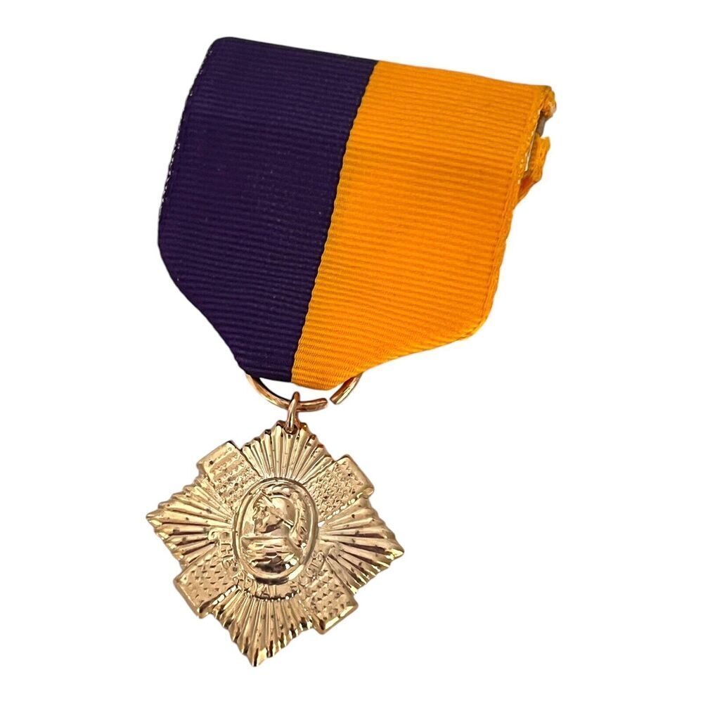 Vintage 1970s Military Style Medal Brooch Yellow Purple Ribbon Pin - 13E